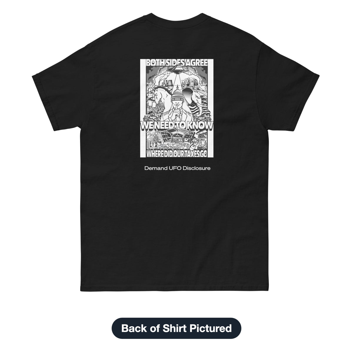Both Sides Agree tee in Black, back of shirt pictured